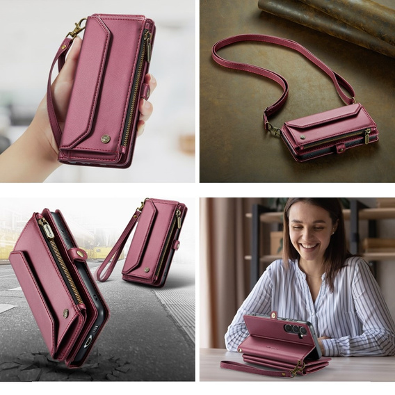Tok CASEME Samsung Galaxy A55 5G, RFID Leather Wallet, vállpánttal, piros