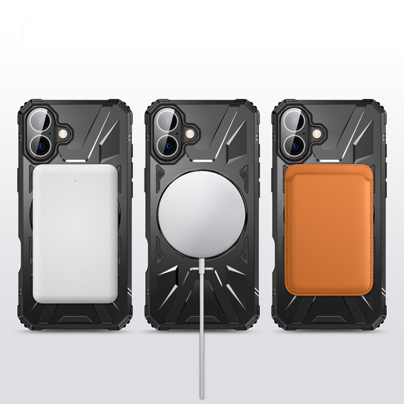 Tok iPhone 16 Plus-hoz, páncélozott, állvánnyal és fogantyúval, fekete