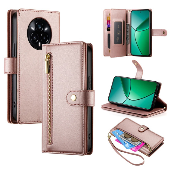 Pattintható tok a Realme 14 Pro 5G, Wallet Zipper Pocket, rózsaszín