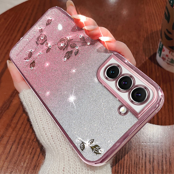 tok Samsung Galaxy S22, csillogó virág, rózsaszín rose gold
