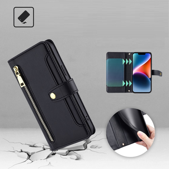 Pattintható tok a Xiaomi Redmi Note 13 Pro+, Wallet Zipper Pocket, fekete