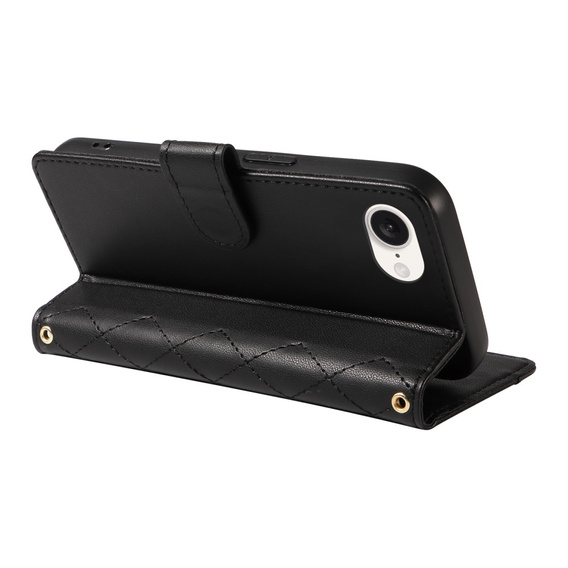 Flap tok iPhone 16E, Rhombus Crossbody Leather, fekete