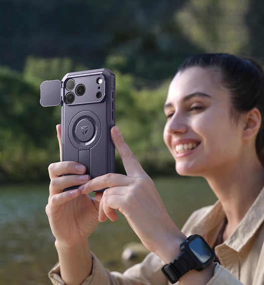 Dexnor páncélozott tok állvánnyal és fényképezőgép zárral, MagSafe iPhone 17 Pro készülékhez