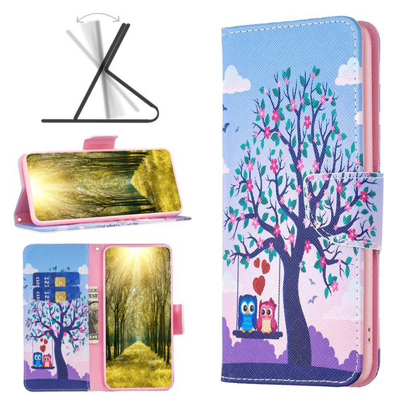 Pattintható tok a Xiaomi Redmi Note 13 5G, Wallet, Owls & Tree kék