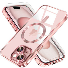 Tok iPhone 15-hoz, Electro MagSafe, rózsaszín + üveg a képernyőhöz