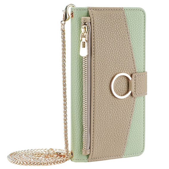 Flip tok Samsung Galaxy A56 5G, Wallet Zipper Pocket, tükörrel, zöld