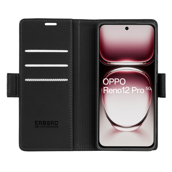 Tok Oppo Reno 12 Pro, ERBORD Glossy Litchi, pénztárca patenttal, fekete