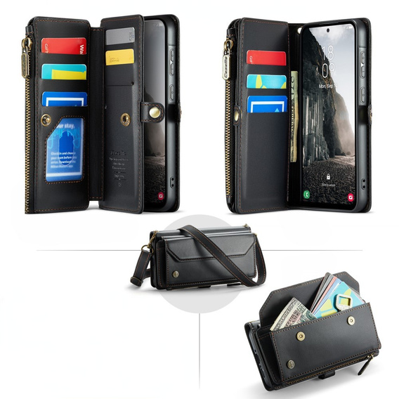 Tok CASEME Samsung Galaxy A56 5G, RFID Leather Wallet, vállpánttal, fekete