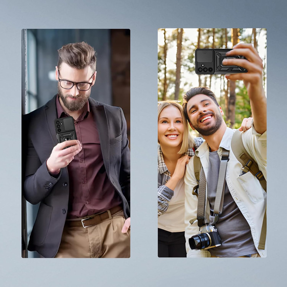 Páncélozott tok Samsung Galaxy A17 5G készülékhez, kameravédelemmel, állvánnyal, fekete