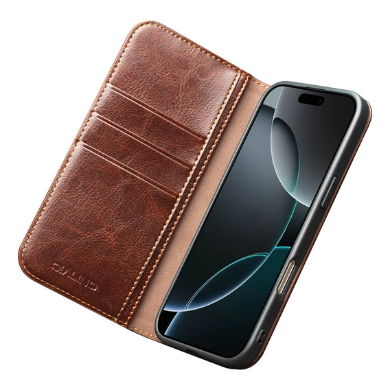 QIALINO valódi marhabőr flip tok iPhone 17 Pro Max készülékhez, barna