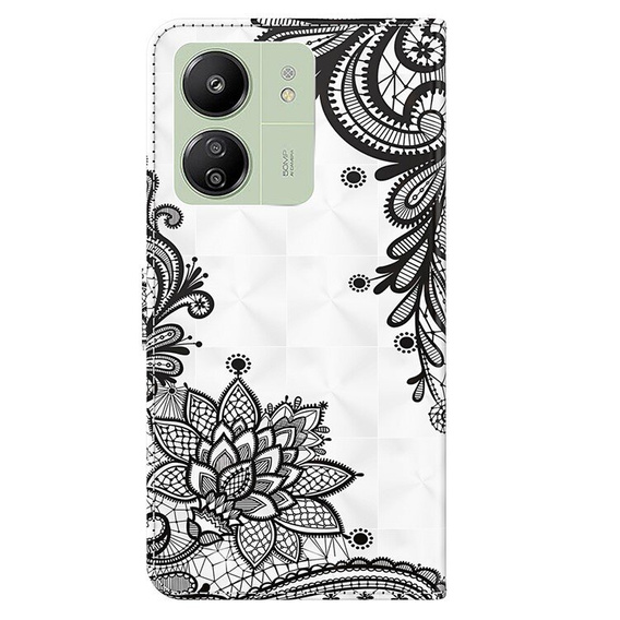 Pattintható tok a Xiaomi Redmi 13C / Poco C65, Wallet, Lace Flower fehér