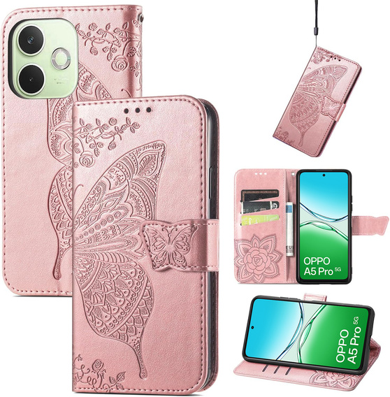 Pattintható tok a Oppo A5 Pro 5G, Butterfly, rózsaszín rose gold