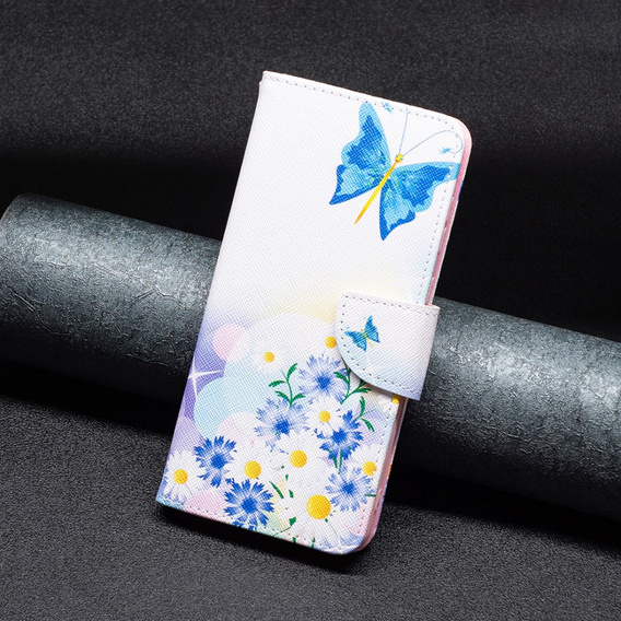 Pattintható tok a Samsung Galaxy A55 5G, Wallet, Butterfly & Flowers, fehér