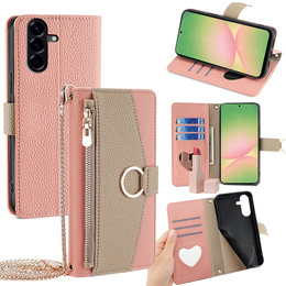 Flip tok Samsung Galaxy A56 5G, Wallet Zipper Pocket, tükörrel, rózsaszín