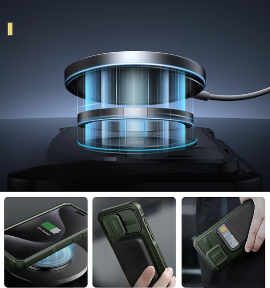 Páncélozott tok iPhone 15 Pro Max készülékhez, Dexnor CamProtect MagSafe, zöld (Két keret)