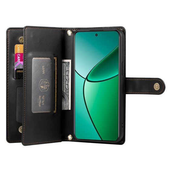 Pattintható tok a Oppo Reno 13F 5G, Wallet Zipper Pocket, fekete