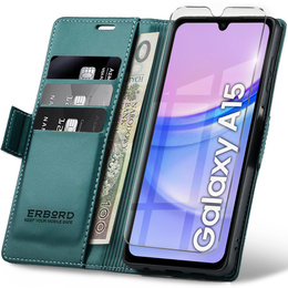 tok Samsung Galaxy A15 4G / 5G, ERBORD Fényes Litchi, flip pénztárca + 9H edzett üveg