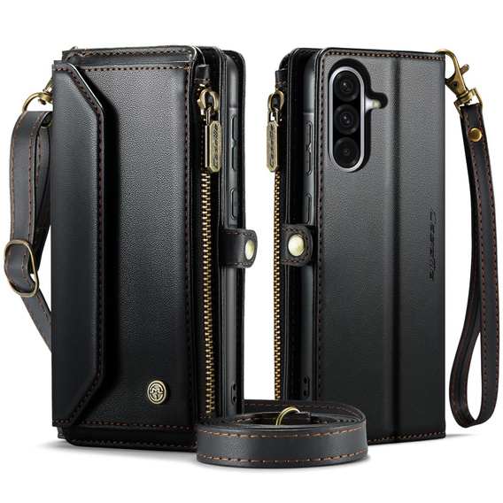 Tok CASEME Samsung Galaxy A56 5G, RFID Leather Wallet, vállpánttal, fekete