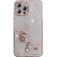 tok iPhone 14 Pro, csillogó virág, rózsaszín rose gold