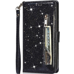Pattintható tok a Samsung Galaxy A55, Wallet Zipper Pocket Glittery, fekete