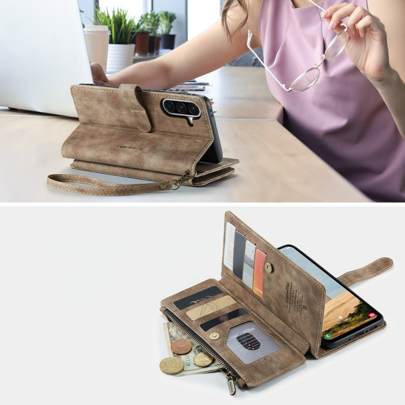 CASEME tok Samsung Galaxy A56 5G, Leather Wallet Cash and Card Slots, pánttal, barna