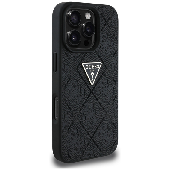 Guess Grained Hot Stamp 4G háromszög alakú fém tok iPhone 16 Pro Max készülékhez