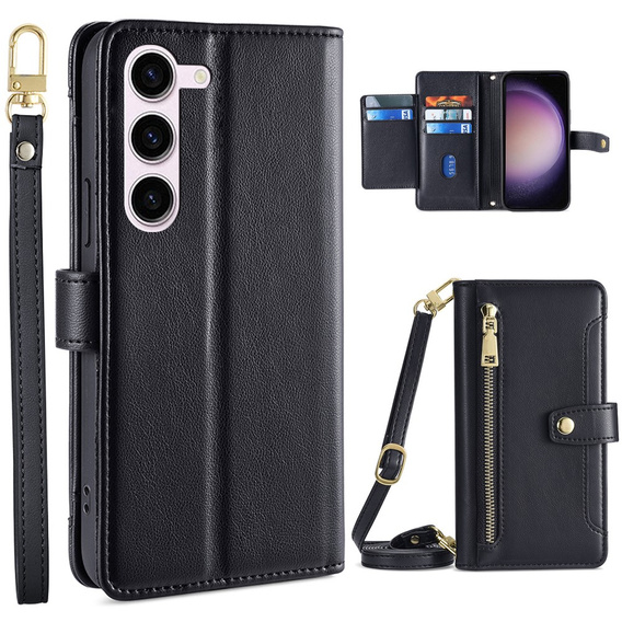Pattintható tok a Samsung Galaxy S23, Wallet Zipper Pocket, fekete