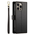Pattintható tok a iPhone 16 Pro, Wallet Zipper Pocket, fekete