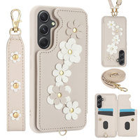 Tok Samsung Galaxy A55 5G, Leather Flower Card Slot, bézs színű