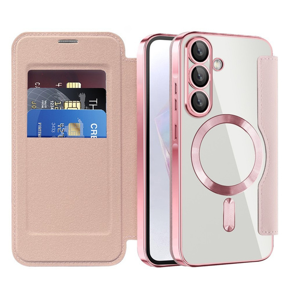 Pántos tok Samsung Galaxy A17 5G, RFID pénztárca, MagSafe, átlátszó / rózsaszín