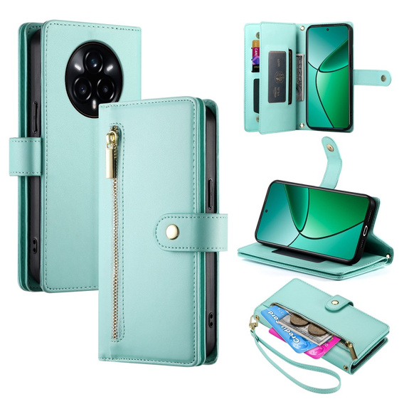 Pattintható tok a Realme 14 Pro 5G, Wallet Zipper Pocket, menta