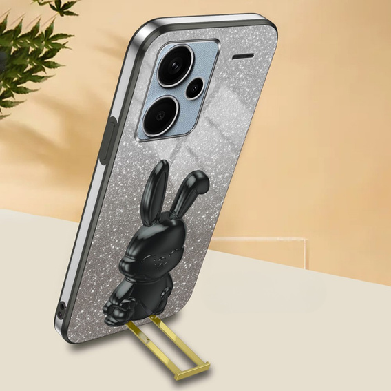 Tok Xiaomi Redmi Note 13 Pro+, Glitter Rabbit, kihúzható állvánnyal, fekete