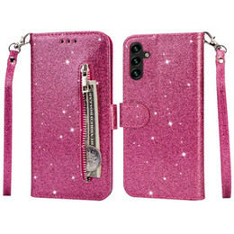 Pattintható tok a Samsung Galaxy A35 5G, Wallet Zipper Pocket Glittery, rózsaszín