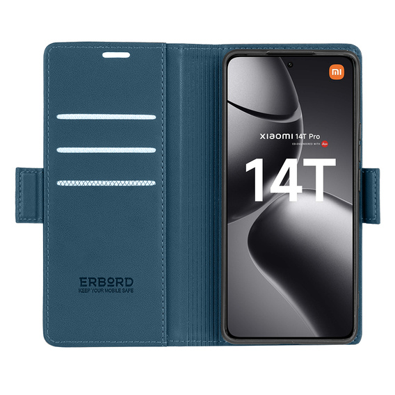 Tok Xiaomi 14T Pro, ERBORD Glossy Litchi, pénztárca patenttal, kék