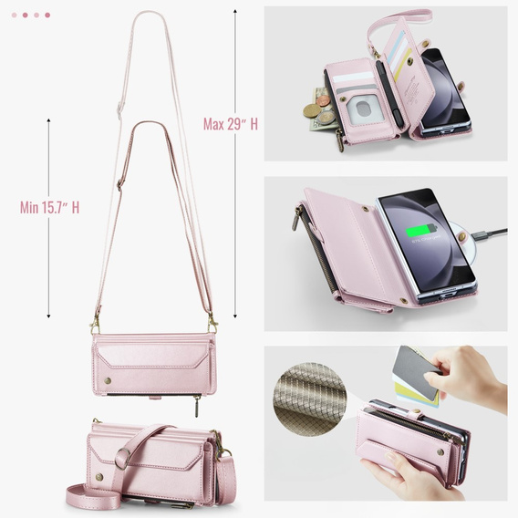 Tok CASEME Samsung Galaxy Z Fold6 5G, RFID Leather Wallet, vállpánttal, rózsaszín
