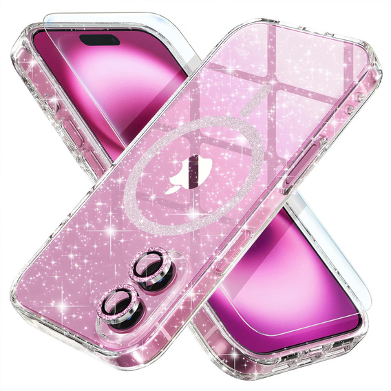 Tok iPhone 16-hoz, ERBORD Glitter MagSafe, rózsaszín + képernyőüveg