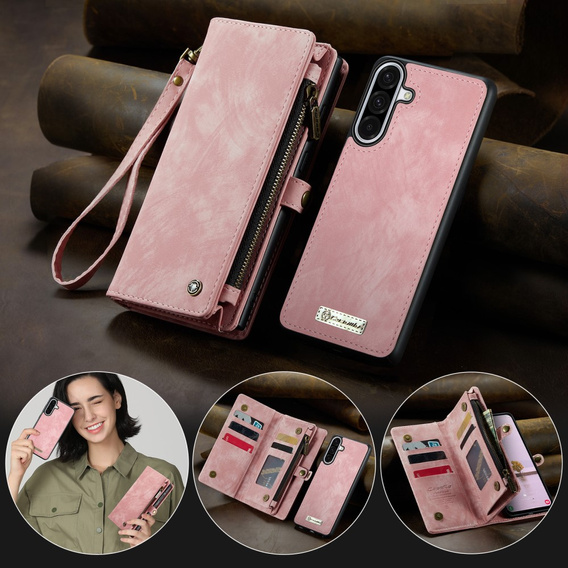 CASEME tok Samsung Galaxy A56 5G, Retro Leather Wallet, szíjjal, rózsaszín