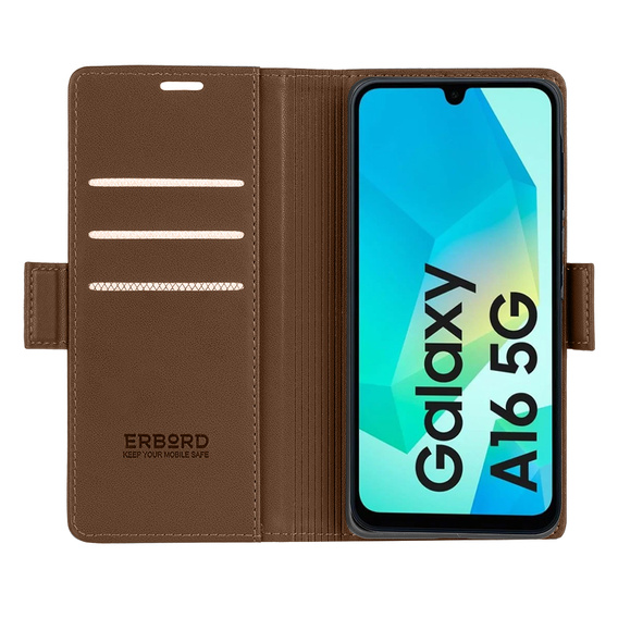 Tok Samsung Galaxy A16, ERBORD Glossy Litchi, pénztárca patenttal, barna