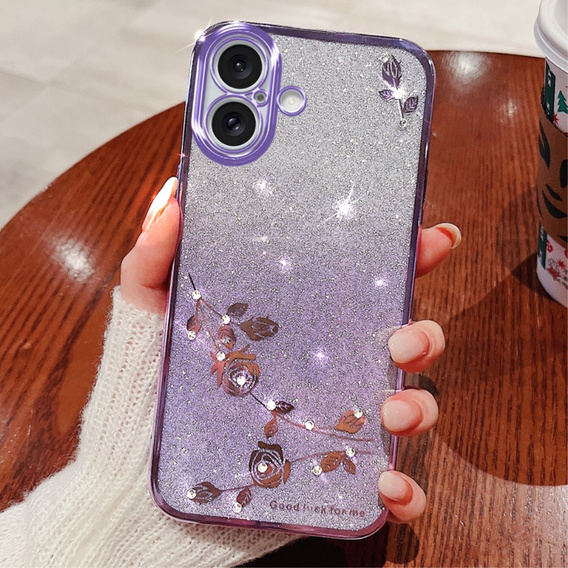 Tok iPhone 16, Glitter Flower, lila