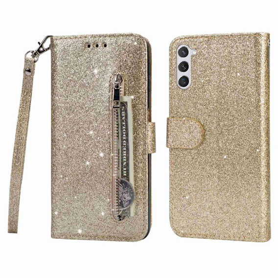 Pattintható tok a Samsung Galaxy S24, Wallet Zipper Pocket Glittery, arany