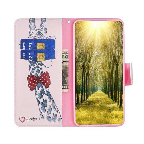 Pattintható tok a Motorola Moto G54 5G, Wallet, giraffe, rózsaszín