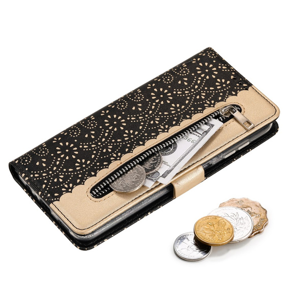 Flap tok Samsung Galaxy A25 5G, Wallet Pocket Zipper Lace, fekete