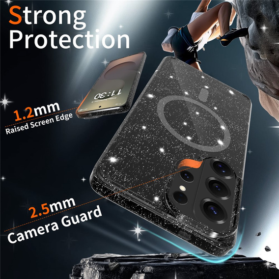 Csillogó tok, MagSafe-hez, Samsung Galaxy S26 Ultra-hoz, átlátszó/fekete