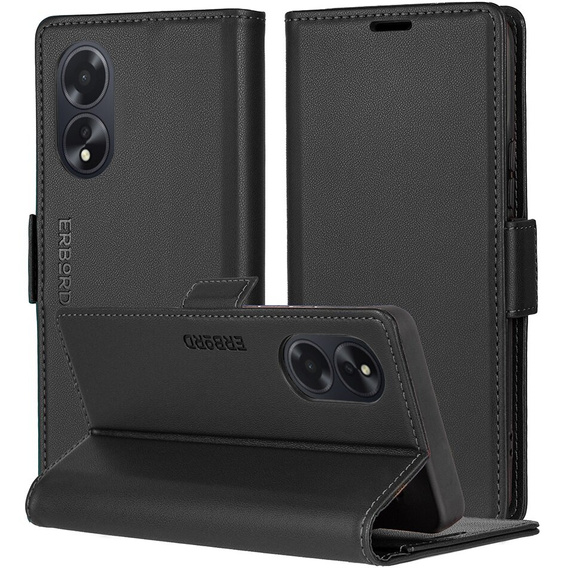 Tok Oppo A60, ERBORD Glossy Litchi, pénztárca patenttal, fekete