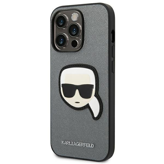 Karl Lagerfeld Telefontok a iPhone 14 Pro, Saffiano Karl's Head Patch, ezüst