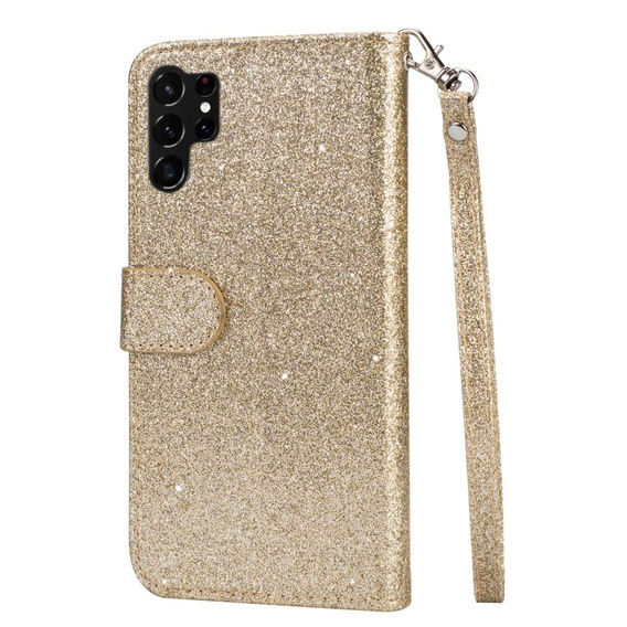 Pattintható tok a Samsung Galaxy S24 Ultra, Wallet Zipper Pocket Glittery, arany