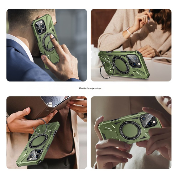 Tok iPhone 16 Pro Max-hoz, páncélozott, állvánnyal és fogantyúval, zöld