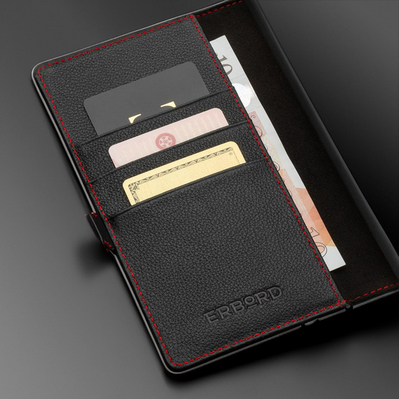 Telefontok a iPhone 16, ERBORD Vintage, pénztárca patenttal, fekete