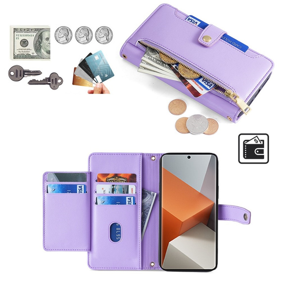 Pattintható tok a Xiaomi Redmi Note 13 Pro+, Wallet Zipper Pocket, lila