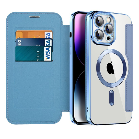 Pattintható tok a iPhone 14 Pro Max, RFID Wallet MagSafe CamShield, kék